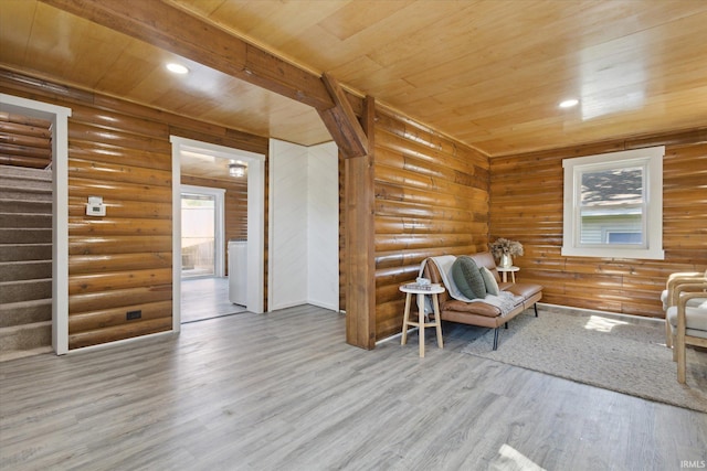 living area with wooden ceiling, wood finished floors, stairway, recessed lighting, and washer / dryer