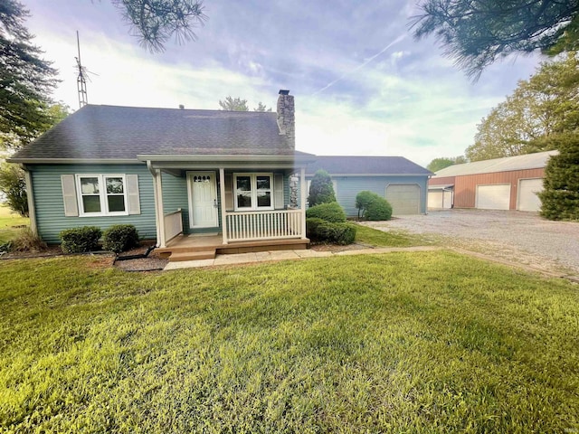 view of front of property featuring covered porch, a chimney, a front lawn, and roof with shingles