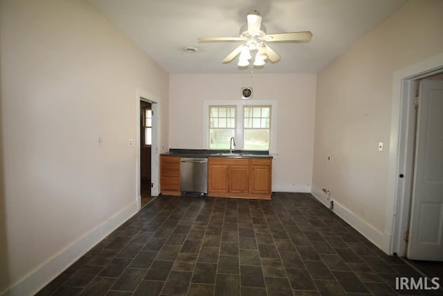 128 E Washington St, Williamsport, IN 47993 - kitchen featuring stainless steel dishwasher, ceiling fan, baseboards, and a sink