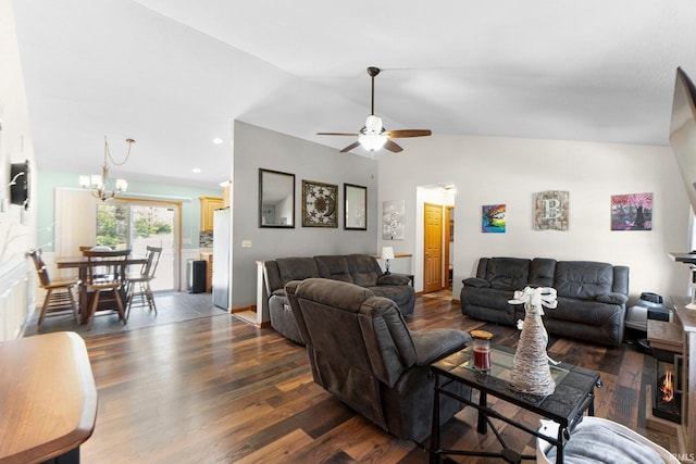 706 Taylor Ln, Albion, IN 46701 - living room featuring dark wood-style flooring, lofted ceiling, a ceiling fan, recessed lighting, and a chandelier