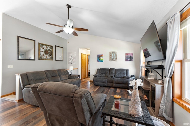 706 Taylor Ln, Albion, IN 46701 - living area with vaulted ceiling, wood finished floors, a ceiling fan, and baseboards