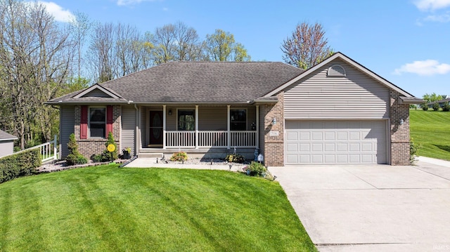 706 Taylor Ln, Albion, IN 46701 - ranch-style house featuring brick siding, a porch, an attached garage, concrete driveway, and a front yard