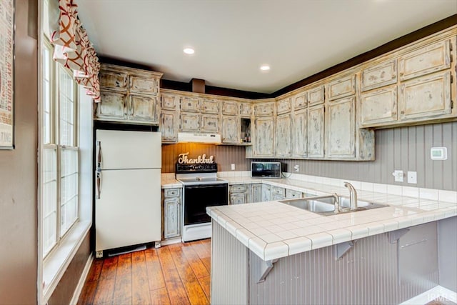 kitchen with freestanding refrigerator, electric stove, under cabinet range hood, a sink, and light wood-type flooring