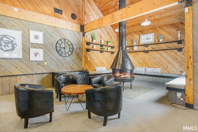 53455 Stoneridge St Unit C, South Bend, IN 46637 - living area with wood walls, carpet, vaulted ceiling, a wood stove, and wooden ceiling