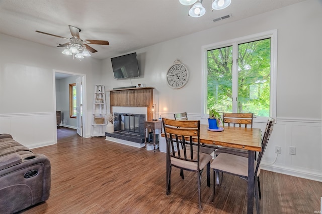 dining area featuring healthy amount of natural light, a glass covered fireplace, a wainscoted wall, wood finished floors, and a decorative wall