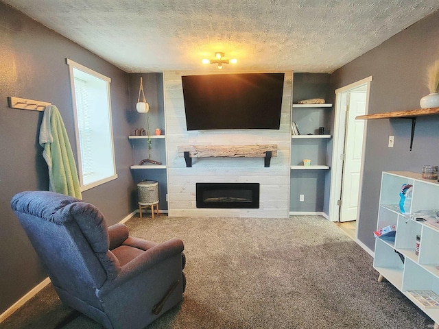109 N Martin St, Ligonier, IN 46767 - living area with carpet floors, a textured ceiling, baseboards, a large fireplace, and built in shelves