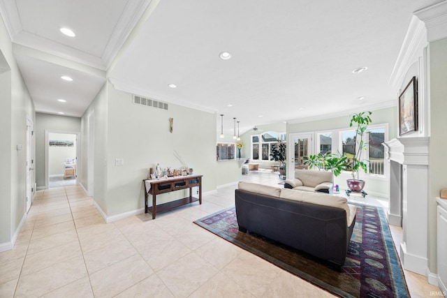 51025 Bellcrest Cir, Granger, IN 46530 - living room with recessed lighting, light tile patterned floors, crown molding, and baseboards