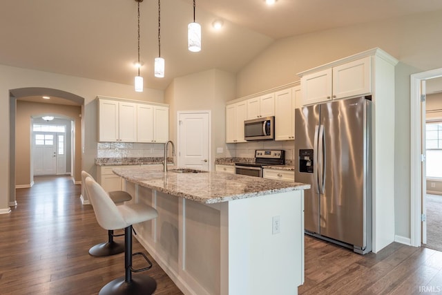 kitchen featuring stainless steel appliances, a sink, dark wood-type flooring, backsplash, and arched walkways