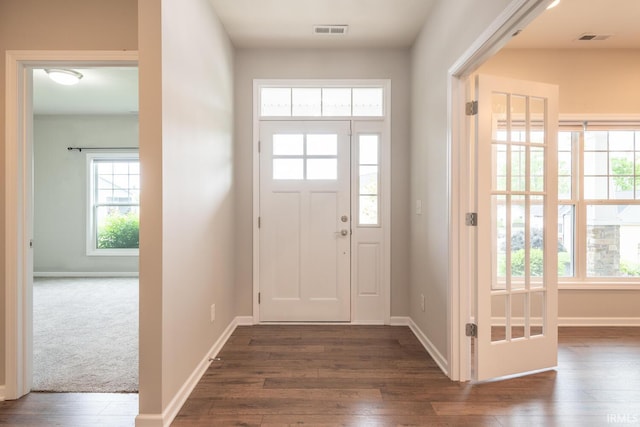entrance foyer featuring plenty of natural light, dark wood-style floors, and baseboards