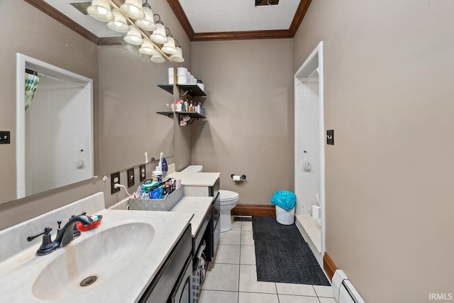 full bath with walk in shower, crown molding, tile patterned floors, vanity, and toilet