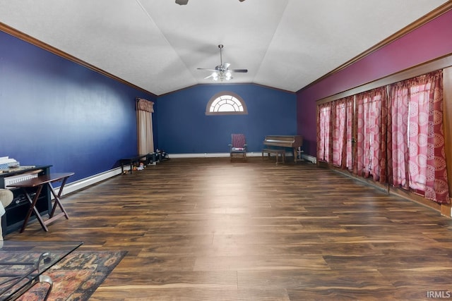 unfurnished room featuring ceiling fan, vaulted ceiling, wood finished floors, baseboards, and ornamental molding