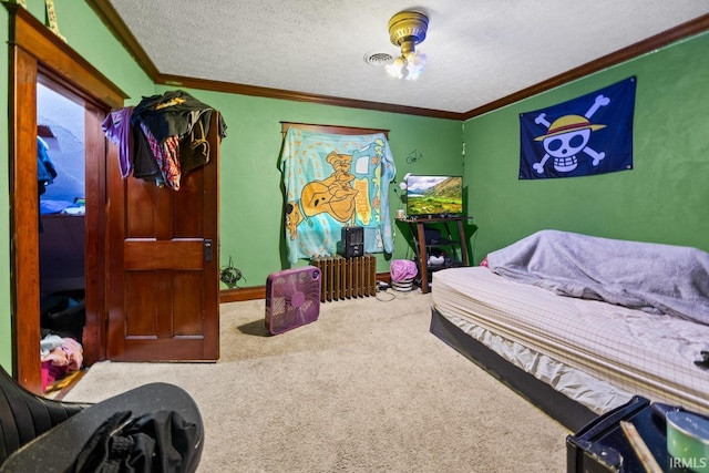 bedroom featuring carpet floors, ornamental molding, and a textured ceiling