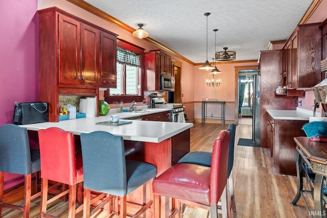 kitchen with stainless steel appliances, crown molding, light wood finished floors, light countertops, and decorative light fixtures
