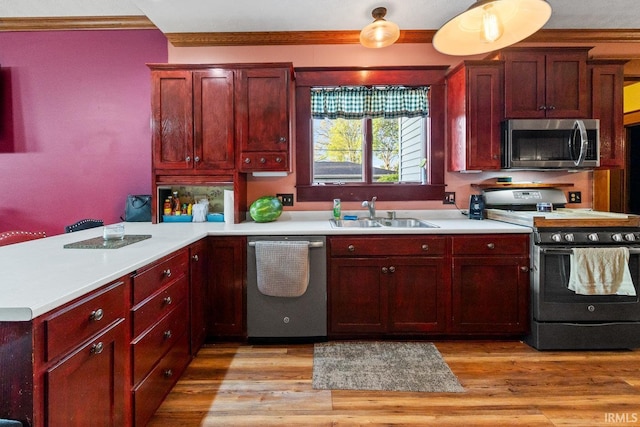 kitchen with stainless steel appliances, a sink, ornamental molding, a peninsula, and dark brown cabinets
