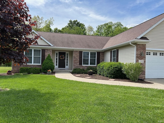 ranch-style home with brick siding, a front yard, a garage, and roof with shingles