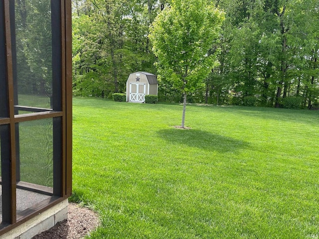 view of grassy yard featuring a storage unit and an outbuilding