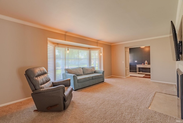 119 Highland Dr, Wabash, IN 46992 - living area with carpet floors, ornamental molding, baseboards, and a fireplace with flush hearth