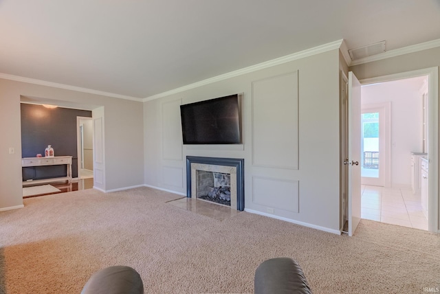 119 Highland Dr, Wabash, IN 46992 - unfurnished living room with carpet flooring, crown molding, baseboards, a fireplace with flush hearth, and tile patterned flooring