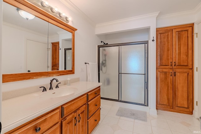 119 Highland Dr, Wabash, IN 46992 - bathroom featuring a shower stall, vanity, crown molding, and tile patterned floors