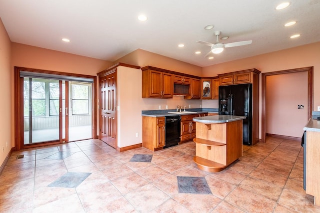 20 Lane 650c Snow Lk, Fremont, IN 46737 - kitchen featuring black appliances, a sink, open shelves, recessed lighting, and ceiling fan