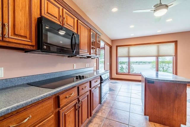 20 Lane 650c Snow Lk, Fremont, IN 46737 - kitchen with black appliances, brown cabinets, plenty of natural light, recessed lighting, and dark countertops