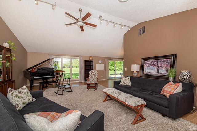 5002 Buffalo Ct, Fort Wayne, IN 46804 - living room featuring rail lighting, vaulted ceiling, a ceiling fan, wood finished floors, and a textured ceiling