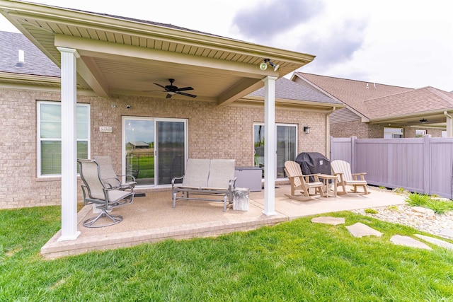 5512 Abbe Wood Dr, Newburgh, IN 47630 - rear view of house with ceiling fan, a patio, brick siding, and a shingled roof