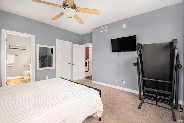19781 Hidden Meadow Trl, Goshen, IN 46528 - bedroom with baseboards, light colored carpet, a ceiling fan, and ensuite bath