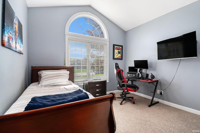 19781 Hidden Meadow Trl, Goshen, IN 46528 - bedroom featuring vaulted ceiling, a desk, carpet, and baseboards