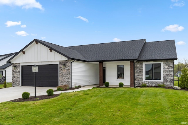 modern inspired farmhouse featuring stone siding, a front lawn, a garage, board and batten siding, and driveway