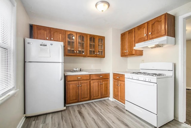 1803 W Dubail St, South Bend, IN 46613 - kitchen featuring white appliances, under cabinet range hood, brown cabinets, and light wood finished floors