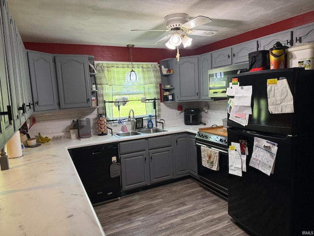 310 Edgeway Dr, Alexandria, IN 46001 - kitchen featuring black appliances, gray cabinets, open shelves, a sink, and ceiling fan