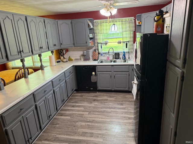 310 Edgeway Dr, Alexandria, IN 46001 - kitchen with gray cabinetry, black appliances, a sink, and open shelves