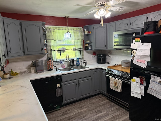 310 Edgeway Dr, Alexandria, IN 46001 - kitchen with black appliances, gray cabinets, open shelves, and a sink