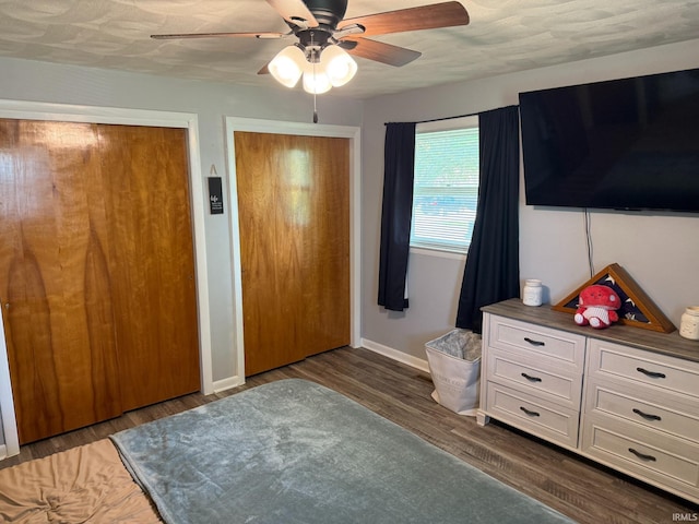 310 Edgeway Dr, Alexandria, IN 46001 - bedroom featuring wood finished floors, multiple closets, baseboards, and ceiling fan