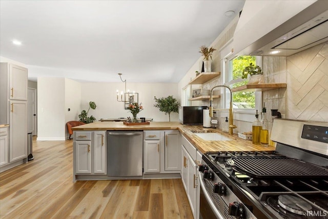 736 Paradise Ave, Lafayette, IN 47905 - kitchen featuring appliances with stainless steel finishes, wooden counters, a peninsula, wall chimney exhaust hood, and tasteful backsplash