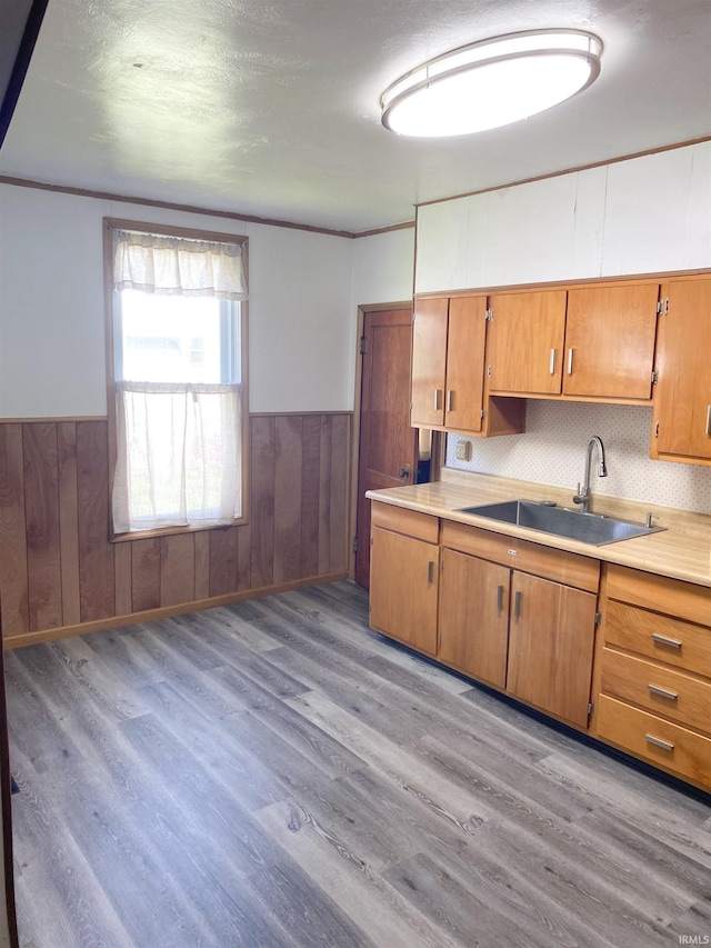 710 N Union St, Union City, IN 47390 - kitchen featuring a wainscoted wall, a sink, light wood finished floors, light countertops, and brown cabinetry