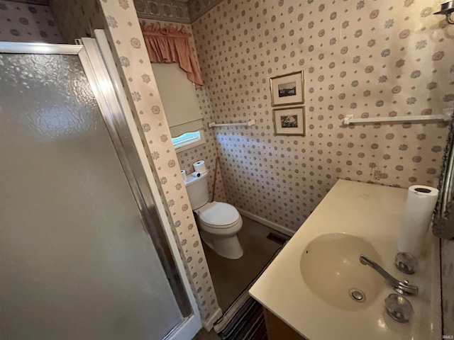 836 Dushane Ct, South Bend, IN 46616 - full bath with wallpapered walls, a shower stall, vanity, toilet, and baseboards