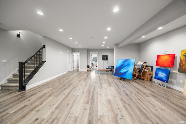 game room with wood finished floors, recessed lighting, and baseboards