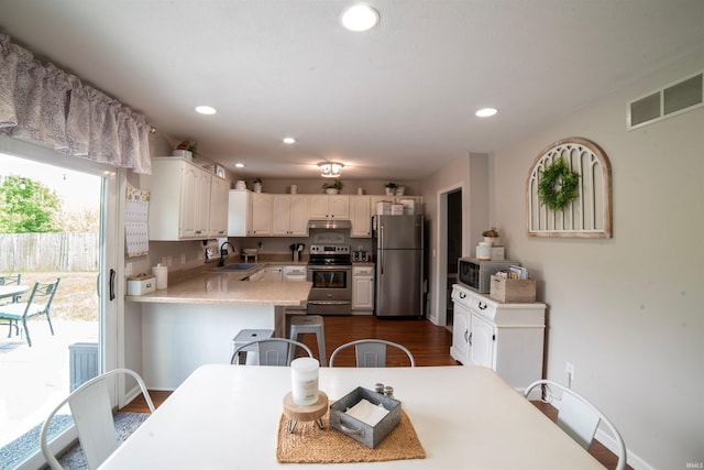 kitchen featuring appliances with stainless steel finishes, a sink, under cabinet range hood, light countertops, and dark wood finished floors