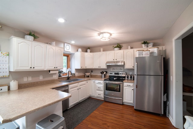 kitchen featuring stainless steel appliances, under cabinet range hood, a sink, a peninsula, and white cabinets