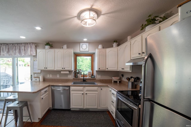 kitchen featuring stainless steel appliances, a sink, a peninsula, under cabinet range hood, and plenty of natural light