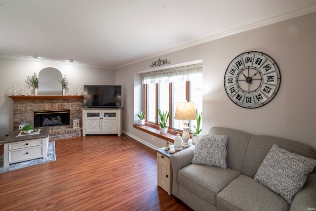 living area featuring wood finished floors, ornamental molding, a fireplace, and baseboards