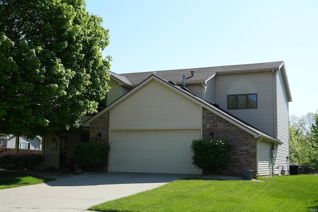 view of front of house with a garage, concrete driveway, a front lawn, brick siding, and central AC