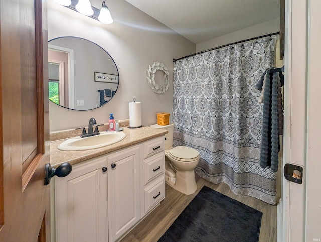bathroom with wood finished floors, toilet, and vanity