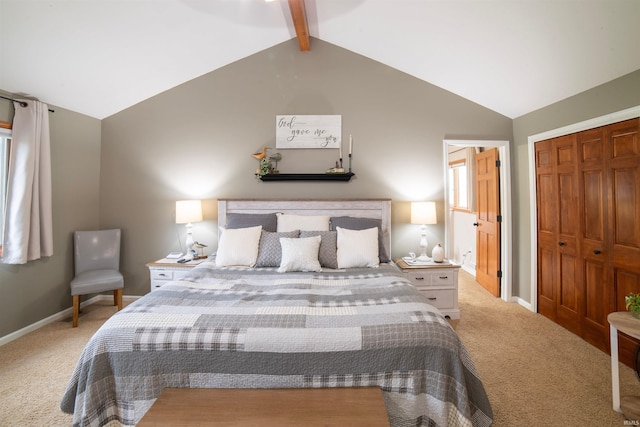 bedroom with carpet, baseboards, and a closet