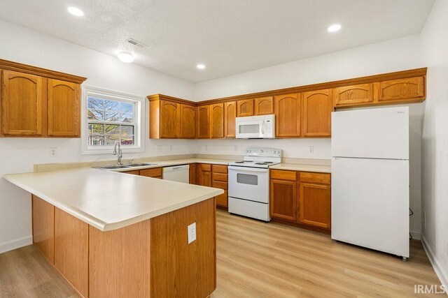 1041 Spring Mill Dr, Kokomo, IN 46902 - kitchen with white appliances, a sink, a peninsula, brown cabinets, and light wood finished floors