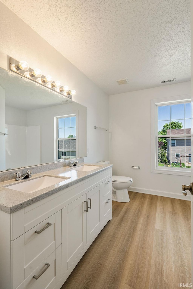 1041 Spring Mill Dr, Kokomo, IN 46902 - full bathroom featuring wood finished floors, a textured ceiling, toilet, double vanity, and baseboards