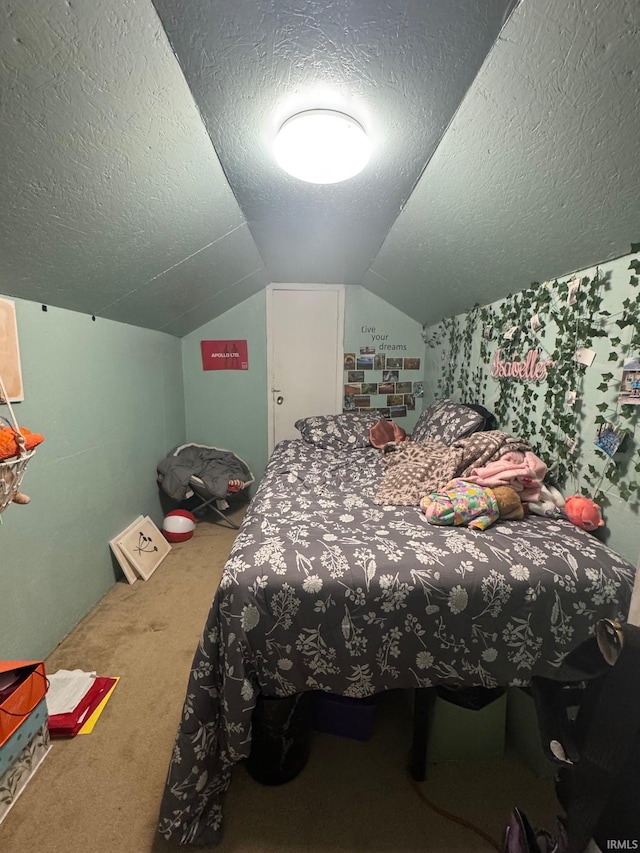 515 E Washington St, Attica, IN 47918 - carpeted bedroom with lofted ceiling and a textured ceiling