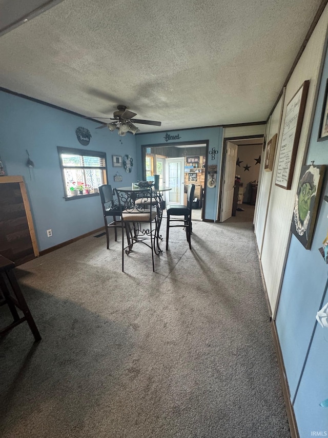 515 E Washington St, Attica, IN 47918 - carpeted dining space featuring a textured ceiling, ceiling fan, and baseboards
